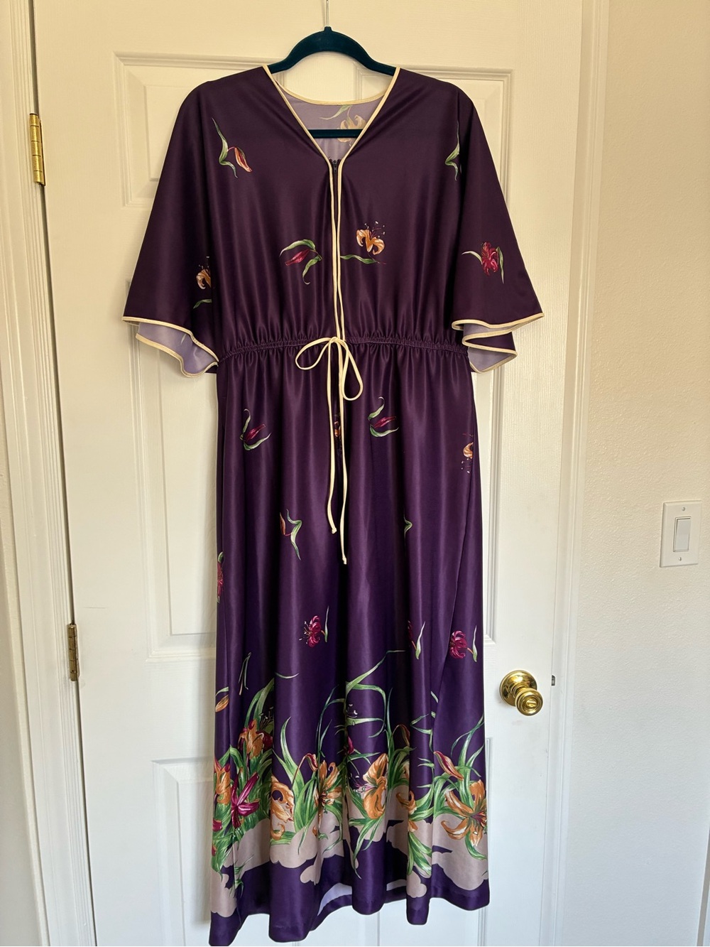 Purple Floral Maxi Nightgown with Tie Waist